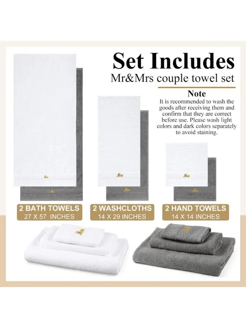 Couples Mr & Mrs Towel Set, 6 Pcs, Soft Grey & White, Perfect Wedding Gift